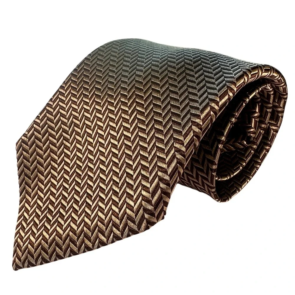 Paul Fredrick Mens Silk Tie Herringbone Pattern‎ Gold Brown Formal NWT
